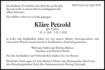 Traueranzeige von Kläre Petzold von Metzinger-Uracher Volksblatt