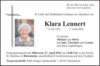 Traueranzeige von Klara Lennert von Illertal Bote