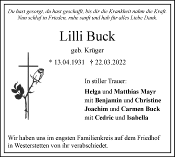 Traueranzeige von Lilli Buck von SÜDWEST PRESSE Ausgabe Ulm/Neu-Ulm