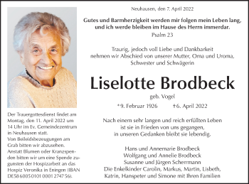 Traueranzeige von Liselotte Brodbeck von Metzinger-Uracher Volksblatt