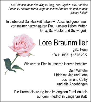 Traueranzeige von Lore Braunmiller von SÜDWEST PRESSE Ausgabe Ulm/Neu-Ulm