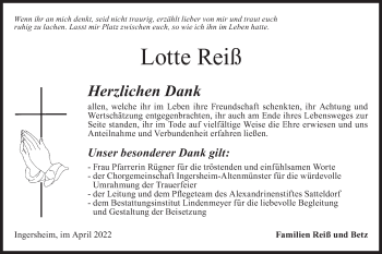 Traueranzeige von Lotte Reiß von Hohenloher Tagblatt