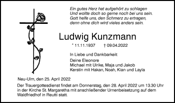 Traueranzeige von Ludwig Kunzmann von SÜDWEST PRESSE Ausgabe Ulm/Neu-Ulm