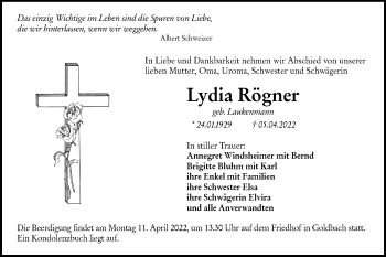 Traueranzeige von Lydia Rögner von Hohenloher Tagblatt