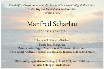 Traueranzeige von Manfred Scharlau von SÜDWEST PRESSE Ausgabe Ulm/Neu-Ulm