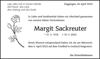 Traueranzeige von Margit Sackreuter von Geislinger Zeitung