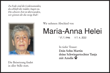 Traueranzeige von Maria-Anna Helei von Hohenloher Tagblatt
