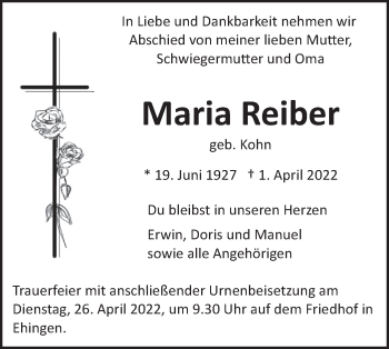 Traueranzeige von Maria Reiber von SÜDWEST PRESSE Ausgabe Ulm/Neu-Ulm