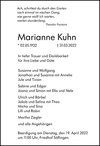 Traueranzeige von Marianne Kuhn von SÜDWEST PRESSE Ausgabe Ulm/Neu-Ulm