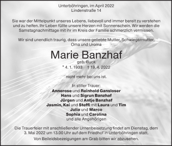 Traueranzeige von Marie Banzhaf von Geislinger Zeitung