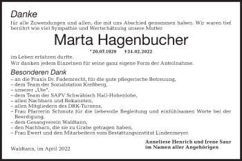 Traueranzeige von Marta Hagenbucher von Hohenloher Tagblatt