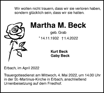 Traueranzeige von Martha M. Beck von SÜDWEST PRESSE Ausgabe Ulm/Neu-Ulm