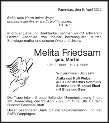 Traueranzeige von Melita Friedsam von NWZ Neue Württembergische Zeitung