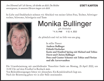 Traueranzeige von Monika Bullinger von Hohenloher Tagblatt