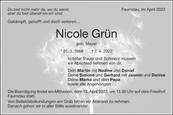 Traueranzeige von Nicole Grün von NWZ Neue Württembergische Zeitung