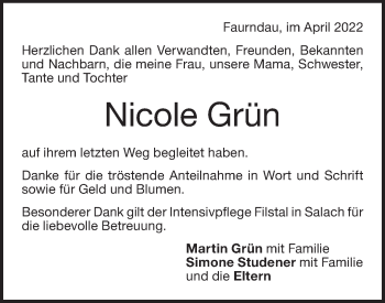 Traueranzeige von Nicole Grün von NWZ Neue Württembergische Zeitung