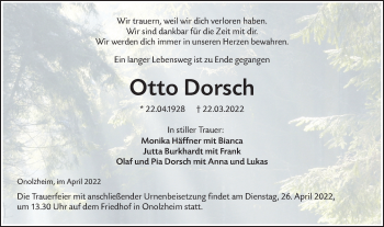 Traueranzeige von Otto Dorsch von Hohenloher Tagblatt