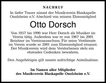 Traueranzeige von Otto Dorsch von Hohenloher Tagblatt