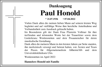 Traueranzeige von Paul Honold von SÜDWEST PRESSE Ausgabe Ulm/Neu-Ulm