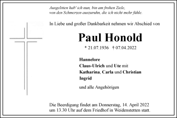 Traueranzeige von Paul Honold von SÜDWEST PRESSE Ausgabe Ulm/Neu-Ulm