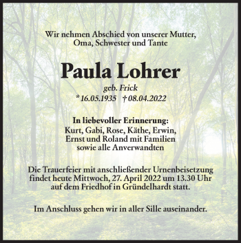 Traueranzeige von Paula Lohrer von Hohenloher Tagblatt