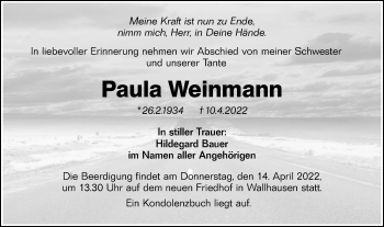 Traueranzeige von Paula Weinmann von Hohenloher Tagblatt