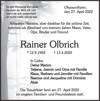 Traueranzeige von Rainer Olbrich von Haller Tagblatt