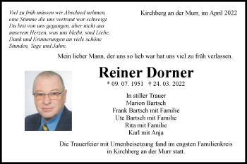 Traueranzeige von Reiner Dorner von Rundschau Gaildorf