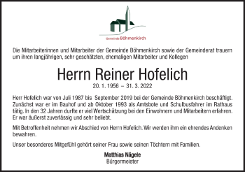 Traueranzeige von Reiner Hofelich von Geislinger Zeitung