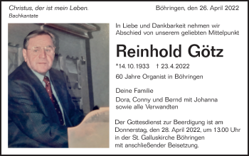 Traueranzeige von Reinhold Götz von Alb-Bote/Metzinger-Uracher Volksblatt