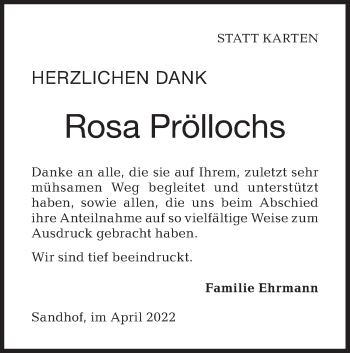 Traueranzeige von Rosa Pröllochs von Hohenloher Tagblatt