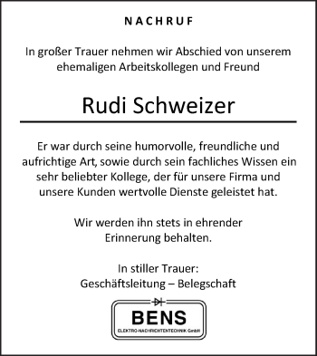 Traueranzeige von Rudi Schweizer von Geislinger Zeitung