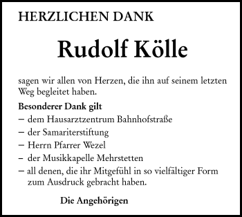 Traueranzeige von Rudolf Kölle von Alb-Bote/Metzinger-Uracher Volksblatt