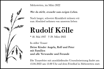 Traueranzeige von Rudolf Kölle von Alb-Bote/Metzinger-Uracher Volksblatt