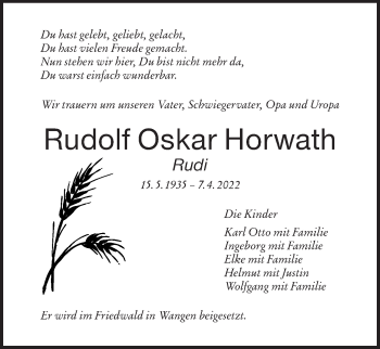 Traueranzeige von Rudolf Oskar Horwath von NWZ Neue Württembergische Zeitung