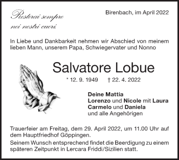 Traueranzeige von Salvatore Lobue von NWZ Neue Württembergische Zeitung