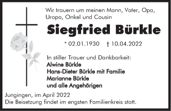 Traueranzeige von Siegfried Bürkle von Metzinger-Uracher Volksblatt