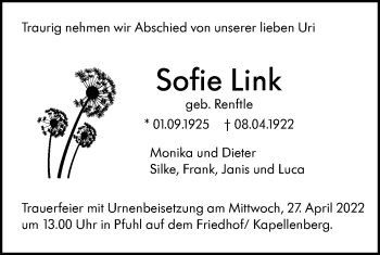 Traueranzeige von Sofie Link von SÜDWEST PRESSE Ausgabe Ulm/Neu-Ulm