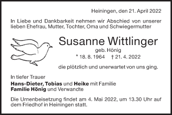 Traueranzeige von Susanne Wittlinger von NWZ Neue Württembergische Zeitung