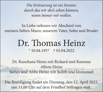 Traueranzeige von Thomas Heinz von SÜDWEST PRESSE Ausgabe Ulm/Neu-Ulm