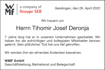 Traueranzeige von Tihomir Josef Deronja von NWZ Neue Württembergische Zeitung