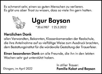 Traueranzeige von Ugur Baysan von Ehinger Tagblatt