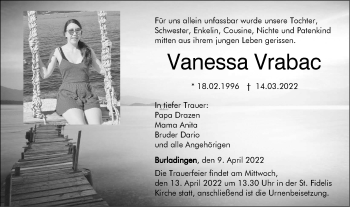 Traueranzeige von Vanessa Vrabac von Metzinger-Uracher Volksblatt