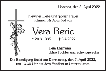 Traueranzeige von Vera Beric von Rundschau Gaildorf