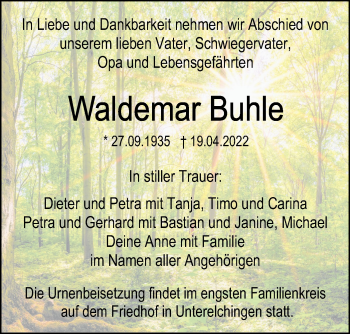 Traueranzeige von Waldemar Buhle von SÜDWEST PRESSE Ausgabe Ulm/Neu-Ulm