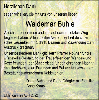 Traueranzeige von Waldemar Buhle von SÜDWEST PRESSE Ausgabe Ulm/Neu-Ulm