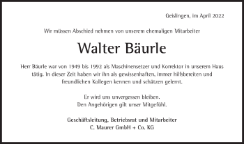 Traueranzeige von Walter Bäurle von Geislinger Zeitung