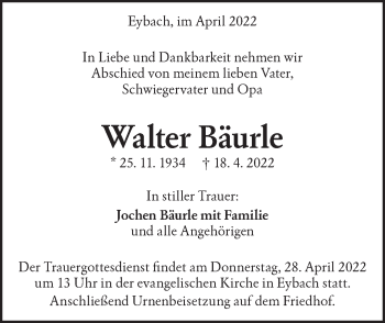 Traueranzeige von Walter Bäurle von Geislinger Zeitung