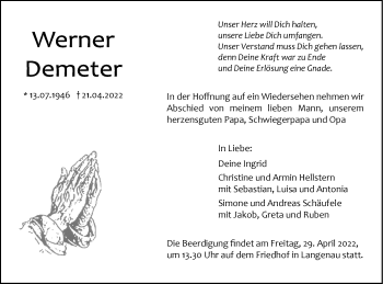 Traueranzeige von Werner Demeter von SÜDWEST PRESSE Ausgabe Ulm/Neu-Ulm