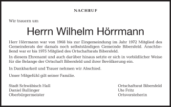 Traueranzeige von Wilhelm Hörrmann von Haller Tagblatt